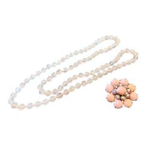 Vintage Pink Quartz Natural Bead Necklace & Moonglow Cluster Brooch Set JB8